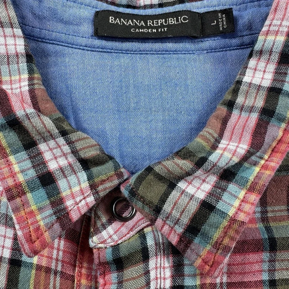 Banana Republic Men's (L) Camden Fit Reversible Snap Shirt Red Plaid/Chambray